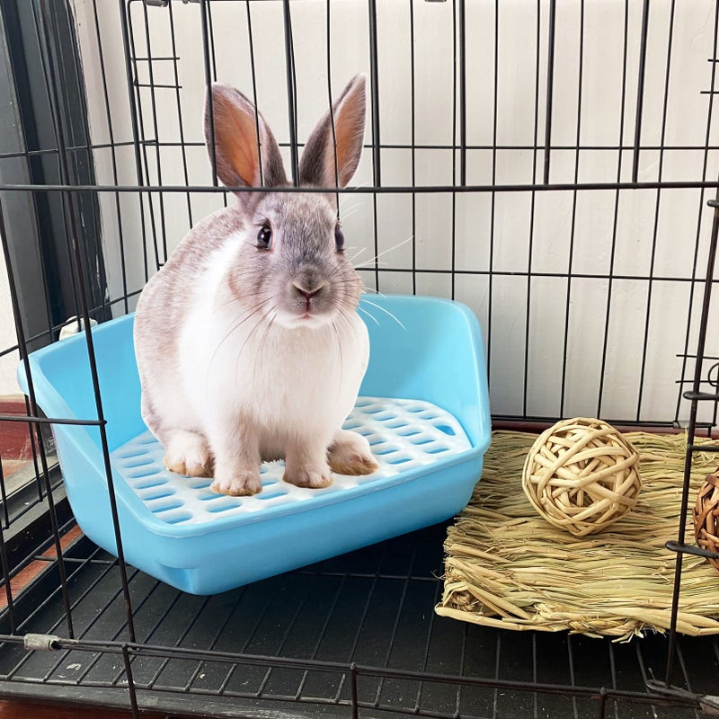 kathson Rabbit Litter Box Pet Toilet Cage Box Potty Trainer Corner with Small Animal Cage Cleaner Broom Brush Dustpan for Bunny Chinchilla Guinea Pig Ferret(Blue) - Image 4